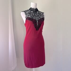 Bebe Dark Cranberry & Black Lace Sequined Sleeveless Tie Back Knee Length Dress